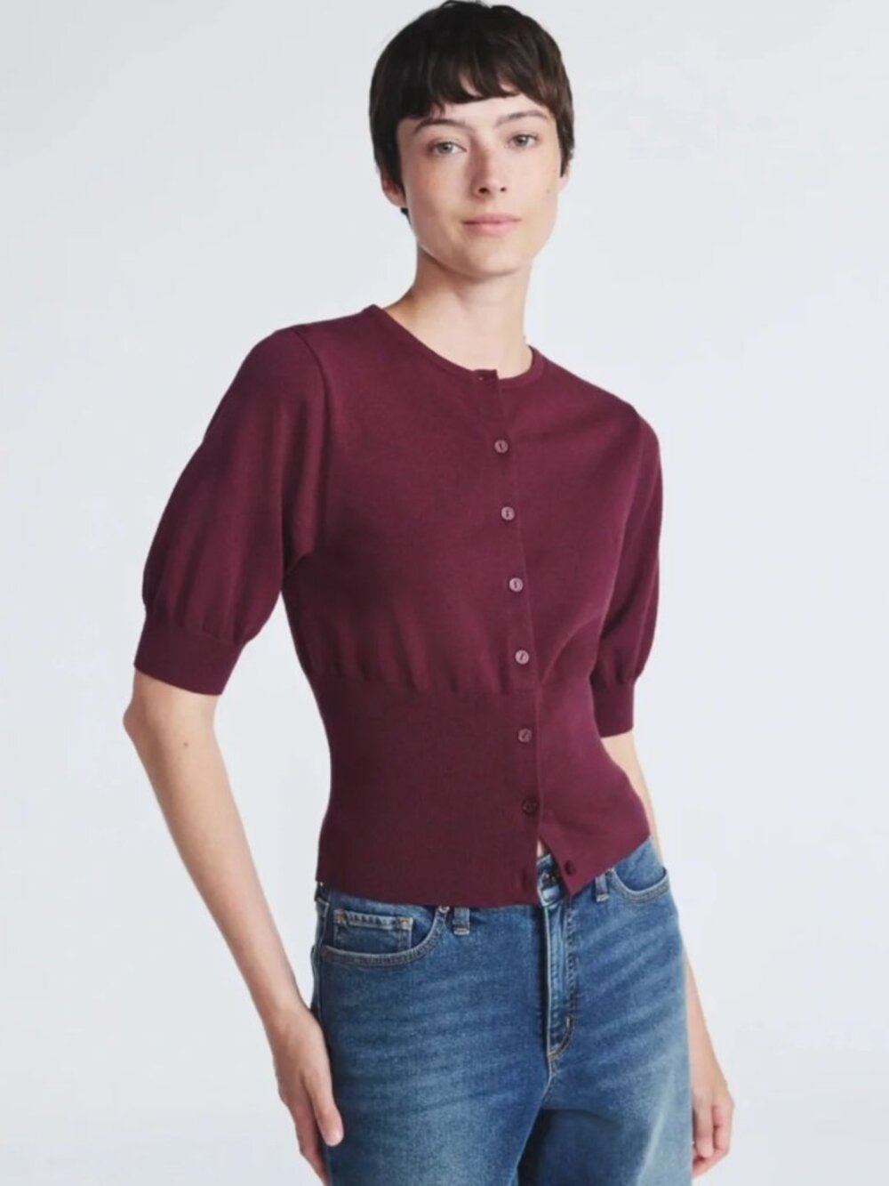 Short Sleeve Ribbed Cardigan Lightweight Size L Maroon